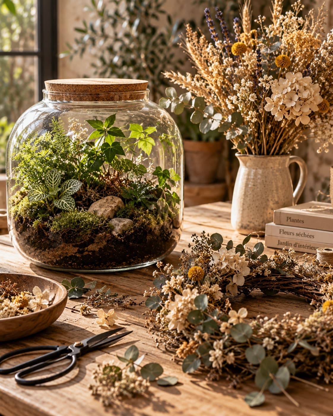 Terrarium, fleurs séchées et couronne végétale — illustration